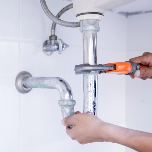plumber with an orange plumbing tool repairing a pipe installation