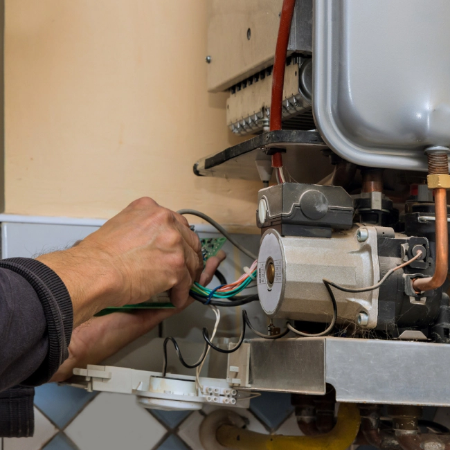 worker repairing a grey water heater system with some red black and green wires
