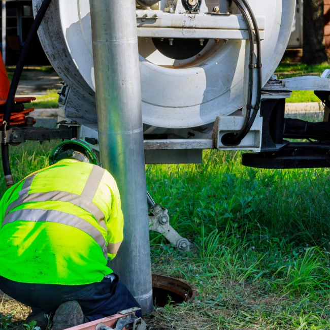 worker with a neon green jacket checking a sewer line on the middle of the field
